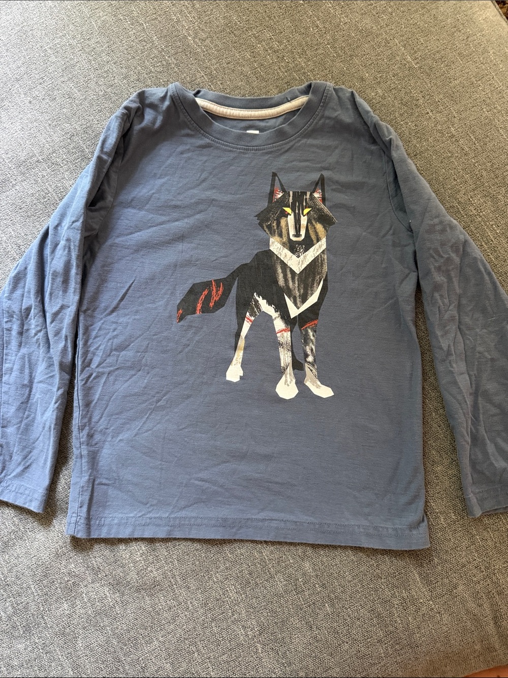 Kids Long Sleeve Graphic Tee - Blue with Wolf Print